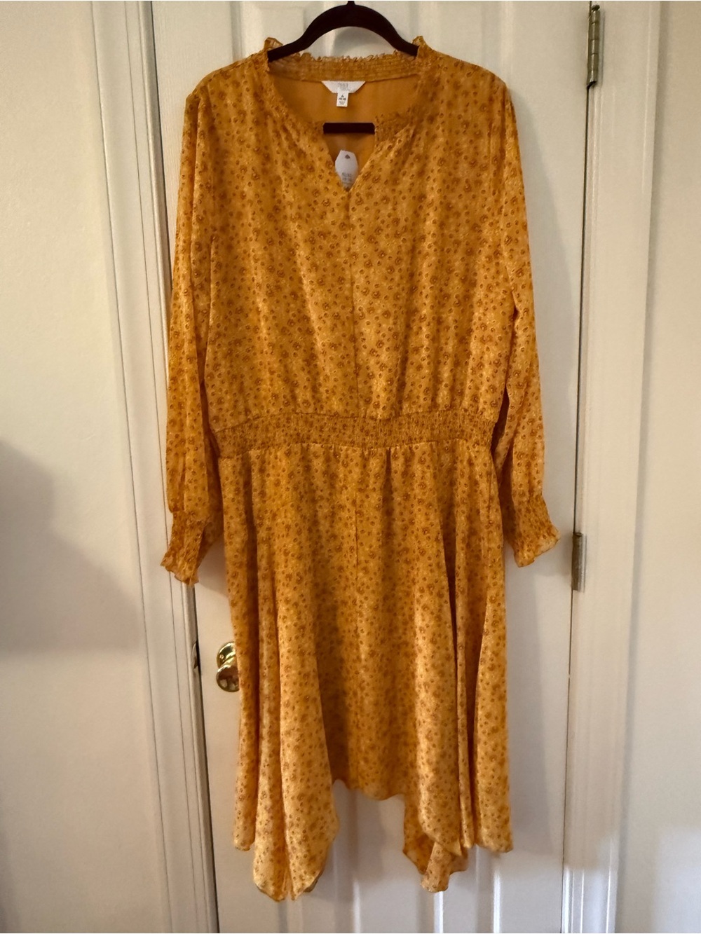 Mustard Floral Long-Sleeve Handkerchief Hem Dress